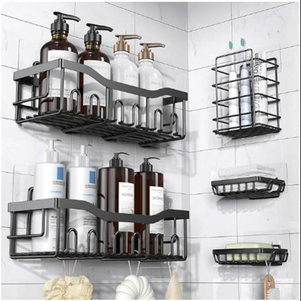Adhesive Wall-Mounted Bathroom Storage Shelves - Durable Black Metal Organizer